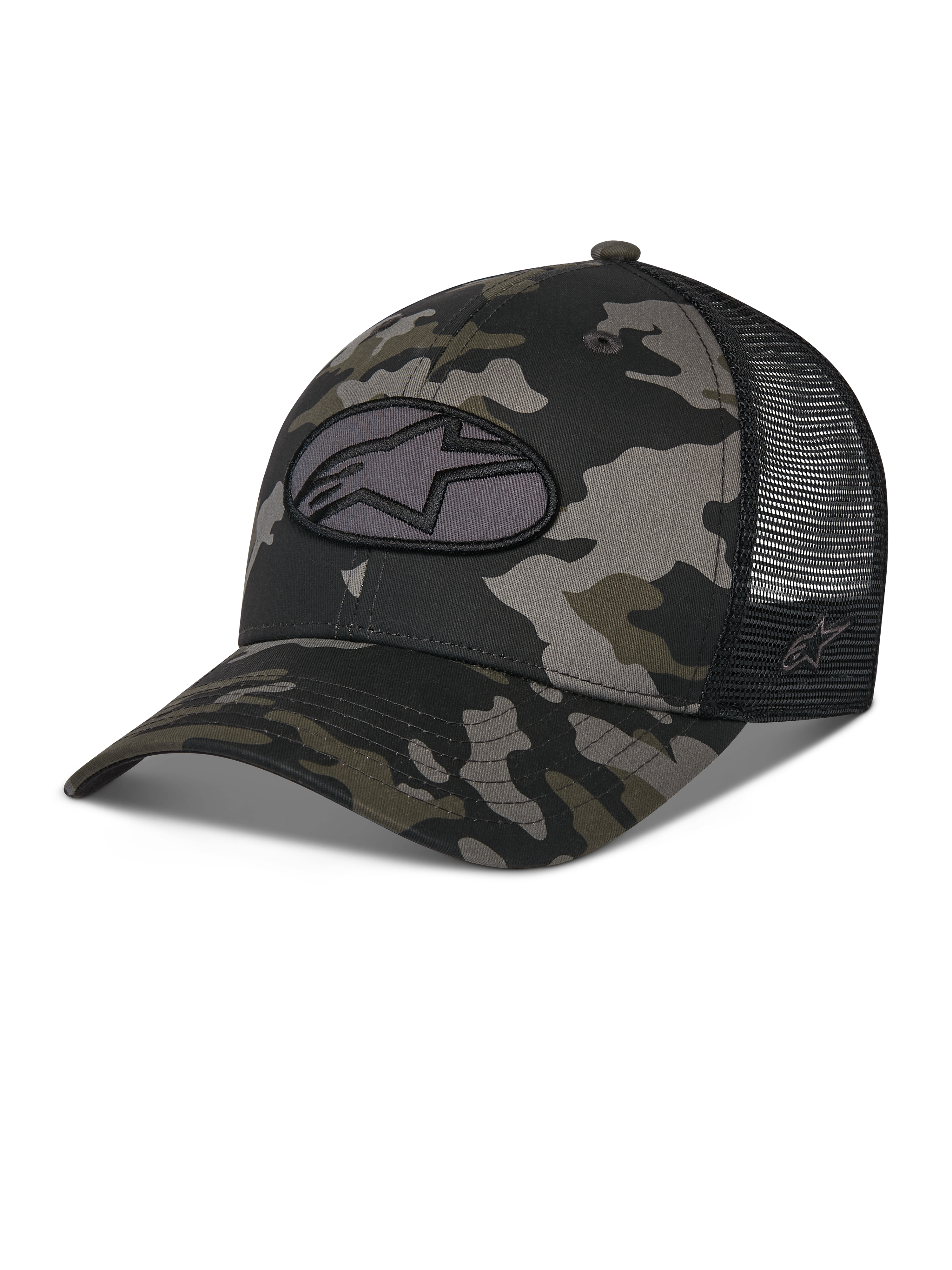 Alpinestars Oblique Camo Trucker Hat, sort camouflagemønster med sort mesh-bagside, ovalt broderet Astars logo-patch foran, buet skygge og struktureret krone, afslappet motorsportsinspireret hovedbeklædning