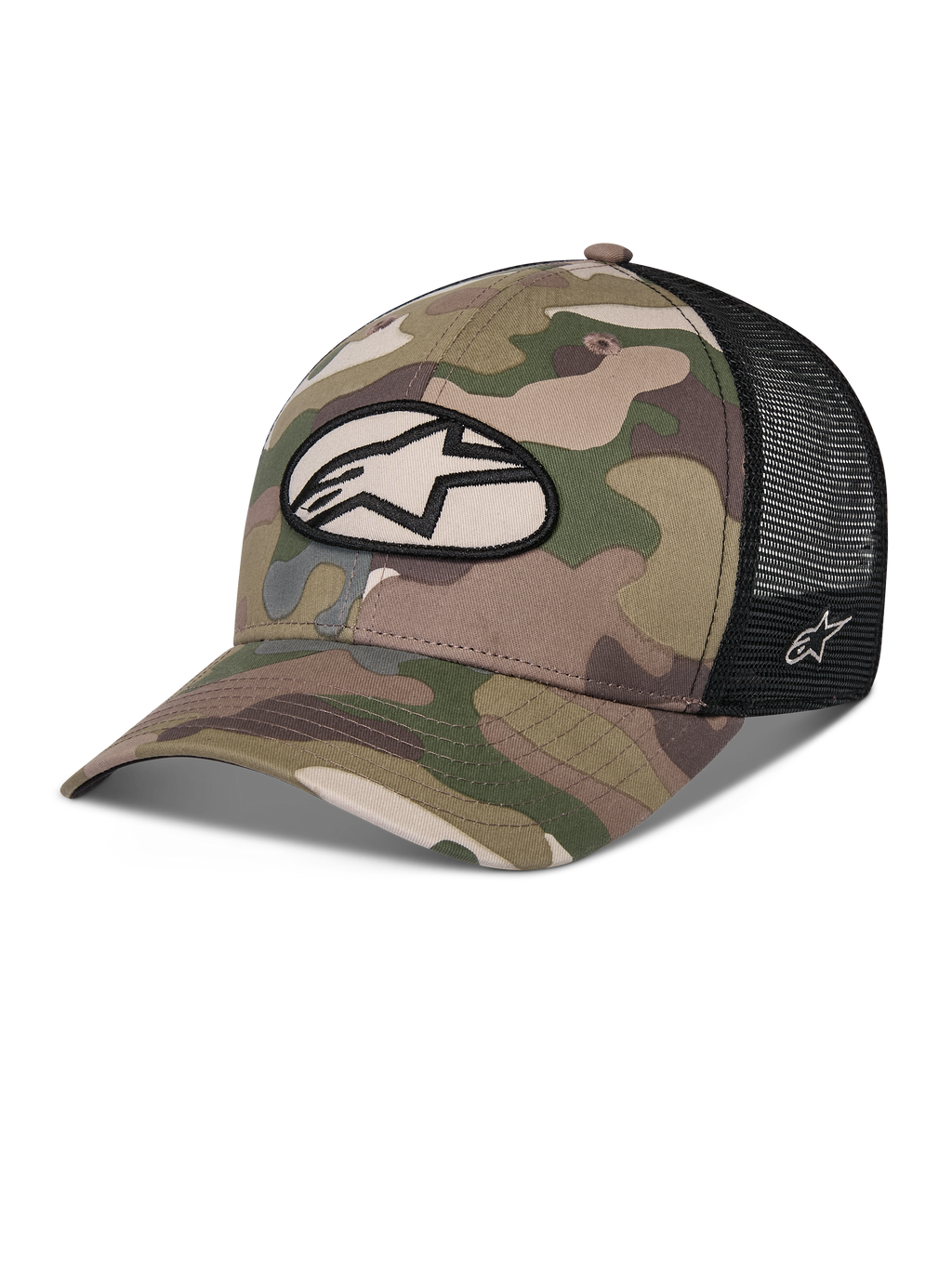 Alpinestars Oblique Camo Trucker Hat, grøn camouflage og sort, twill camouflage-front med sort mesh-bagside, ovalt Alpinestars-logomærke på fronten, buet skygge, afslappet motorsport-hovedbeklædning