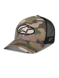 Alpinestars Oblique Camo Trucker Hat, grøn camouflage og sort, twill camouflage-front med sort mesh-bagside, ovalt Alpinestars-logomærke på fronten, buet skygge, afslappet motorsport-hovedbeklædning