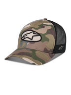 Alpinestars Oblique Camo Trucker Hat, grøn camouflage og sort, twill camouflage-front med sort mesh-bagside, ovalt Alpinestars-logomærke på fronten, buet skygge, afslappet motorsport-hovedbeklædning