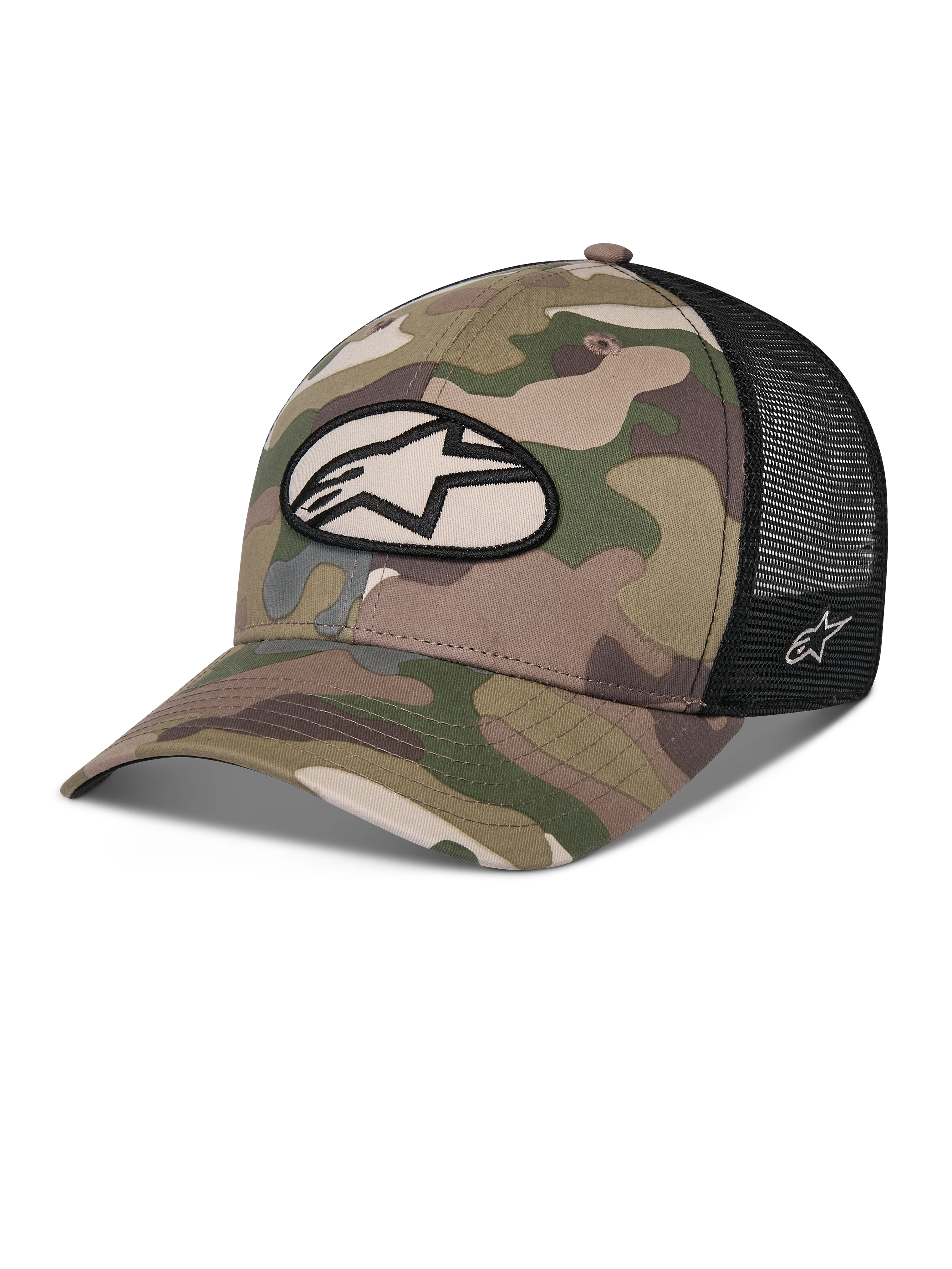 Alpinestars Oblique Camo Trucker Hat, grøn camouflage og sort, twill camouflage-front med sort mesh-bagside, ovalt Alpinestars-logomærke på fronten, buet skygge, afslappet motorsport-hovedbeklædning