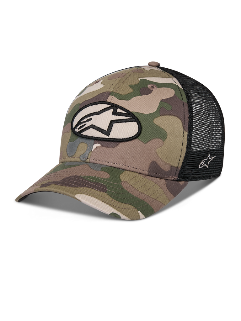 Alpinestars Oblique Camo Trucker Hat, grøn camouflage og sort, twill camouflage-front med sort mesh-bagside, ovalt Alpinestars-logomærke på fronten, buet skygge, afslappet motorsport-hovedbeklædning