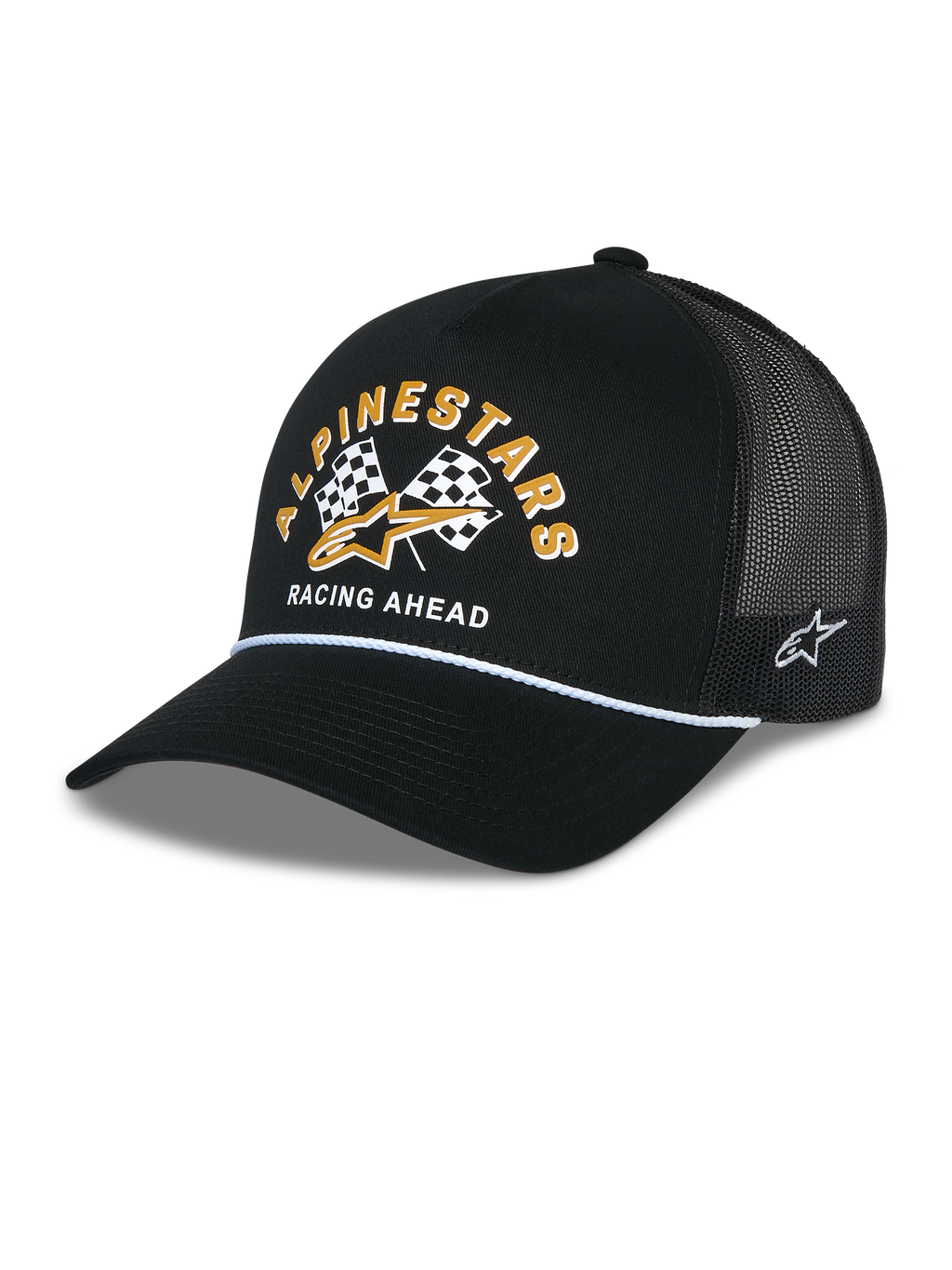 Alpinestars Finisher Trucker Hat, sort trucker-kasket med åndbar mesh-bagside, buet skygge med hvid snoredetalje, grafik på fronten med gul Alpinestars-skrift og ternede flag, broderet stjernelogo på siden, afslappet motorsport-inspireret hovedbeklædning