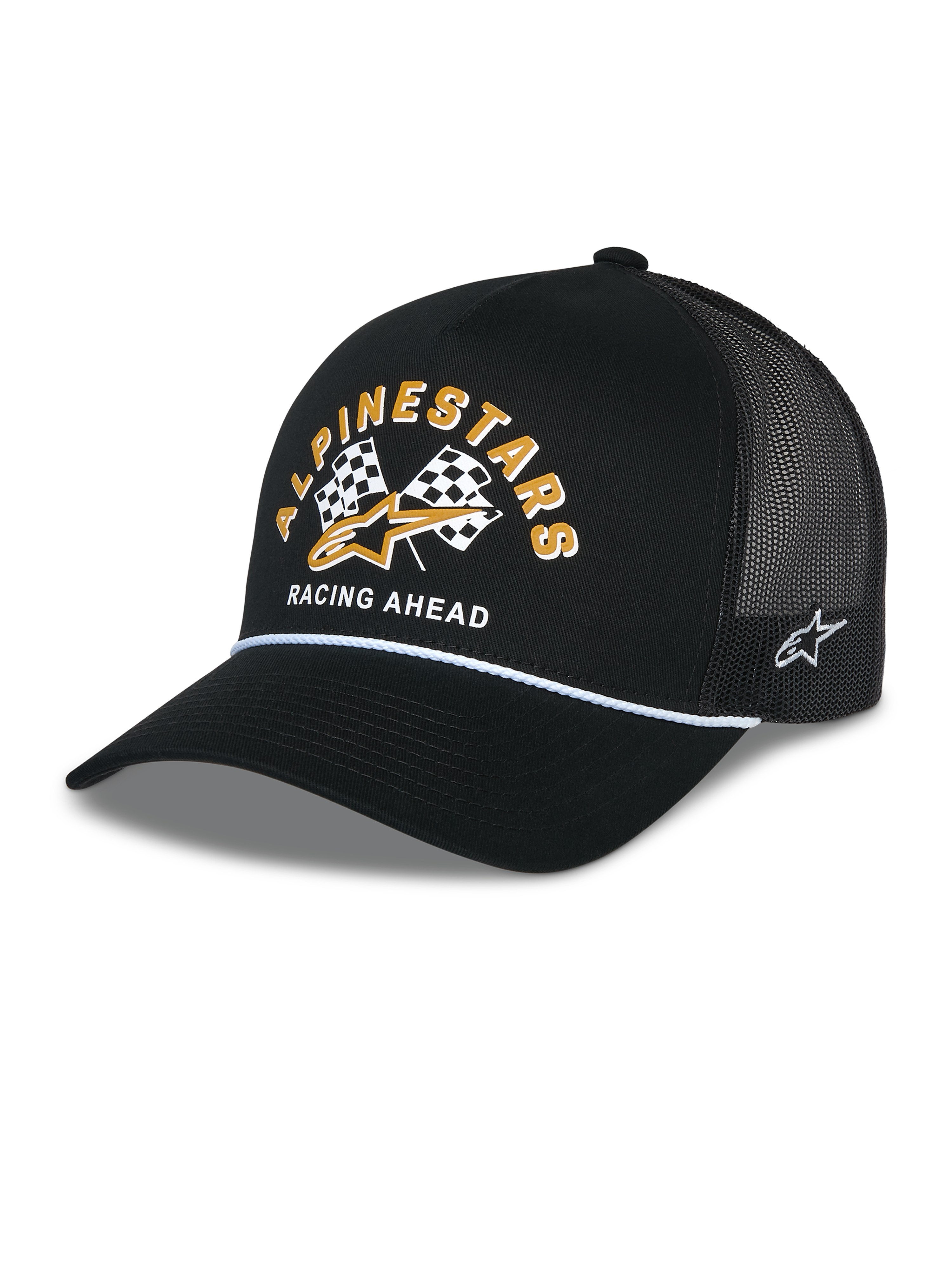 Alpinestars Finisher Trucker Hat, sort trucker-kasket med åndbar mesh-bagside, buet skygge med hvid snoredetalje, grafik på fronten med gul Alpinestars-skrift og ternede flag, broderet stjernelogo på siden, afslappet motorsport-inspireret hovedbeklædning