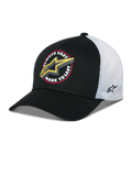 Alpinestars Aorbit Trucker Hat, Black and White Snapback Cap, featuring a front 'Always Fast Made to Last' graphic with a yellow Astars logo, white mesh back with side embroidery, and a curved bill