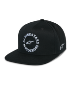 Alpinestars MX Snapback Hat, Black flat bill cap, structured crown, white circular Alpinestars Motocross front graphic, embroidered side Astars logo, 100% cotton twill, casual motorsport sportswear