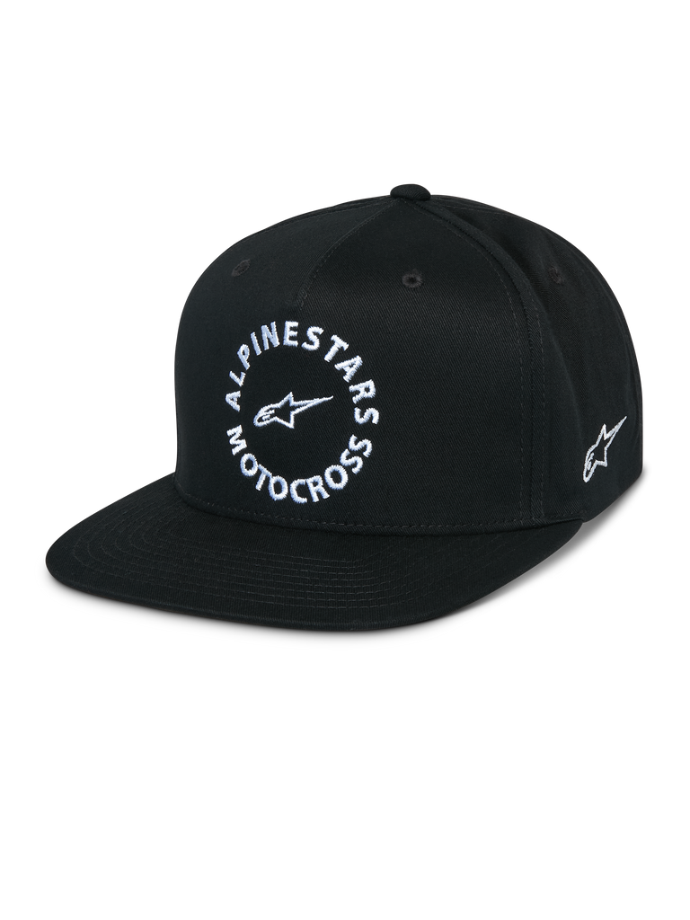 Alpinestars MX Snapback Hat, Black flat bill cap, structured crown, white circular Alpinestars Motocross front graphic, embroidered side Astars logo, 100% cotton twill, casual motorsport sportswear