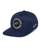 Alpinestars MX Snapback kasket, navyblå, flad skygge med struktureret krone, gul broderet Alpinestars Motocross-grafik på fronten, hvidt Astars-logo på siden, bomuldstwill, afslappet motorsport-hovedbeklædning