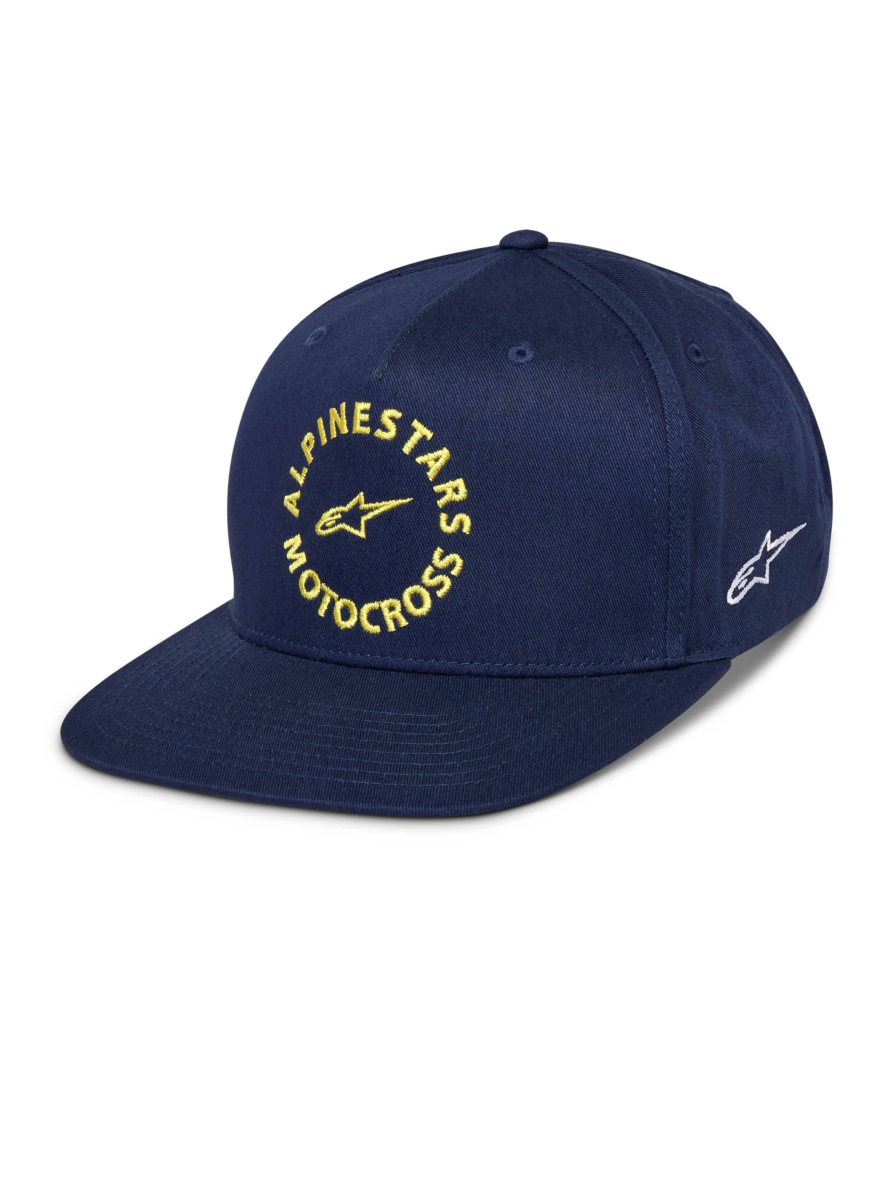 Alpinestars MX Snapback kasket, navyblå, flad skygge med struktureret krone, gul broderet Alpinestars Motocross-grafik på fronten, hvidt Astars-logo på siden, bomuldstwill, afslappet motorsport-hovedbeklædning