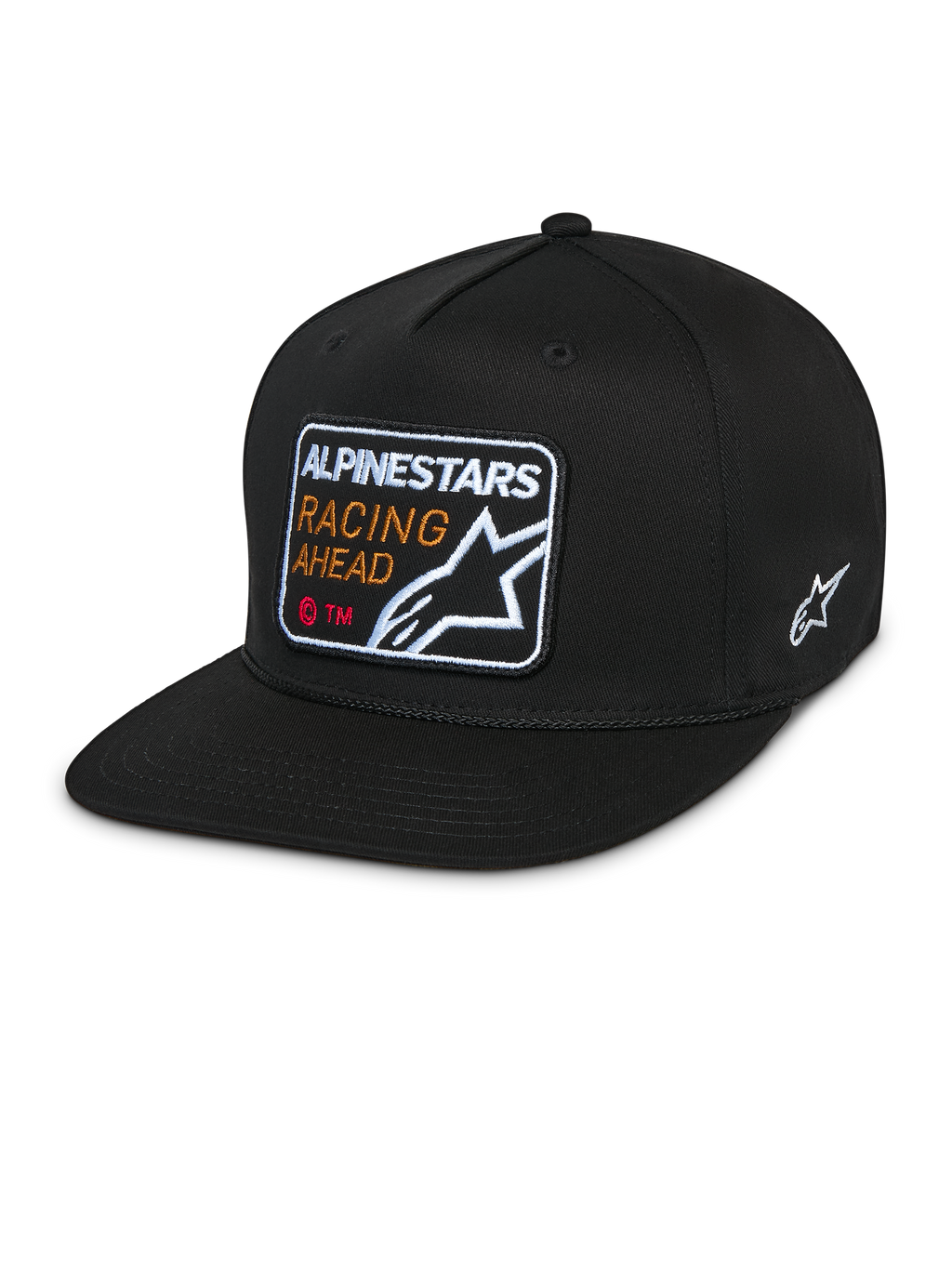 Alpinestars Intuitive Snapback Kasket, sort, flad skygge med struktureret krone, broderet patch på fronten med 'Alpinestars Racing Ahead' og logo, hvidt Astars-logo på siden, afslappet twill-hovedbeklædning