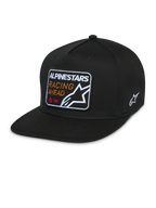 Alpinestars Intuitive Snapback Kasket, sort, flad skygge med struktureret krone, broderet patch på fronten med 'Alpinestars Racing Ahead' og logo, hvidt Astars-logo på siden, afslappet twill-hovedbeklædning