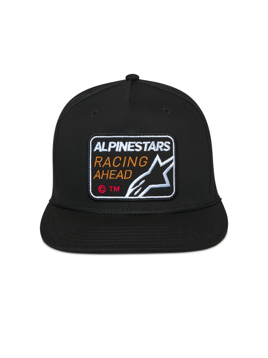 Alpinestars Intuitive Snapback kasket, sort, broderet Alpinestars Racing Ahead-mærke på fronten, flad skygge med struktureret krone, afslappet motorsport-hovedbeklædning