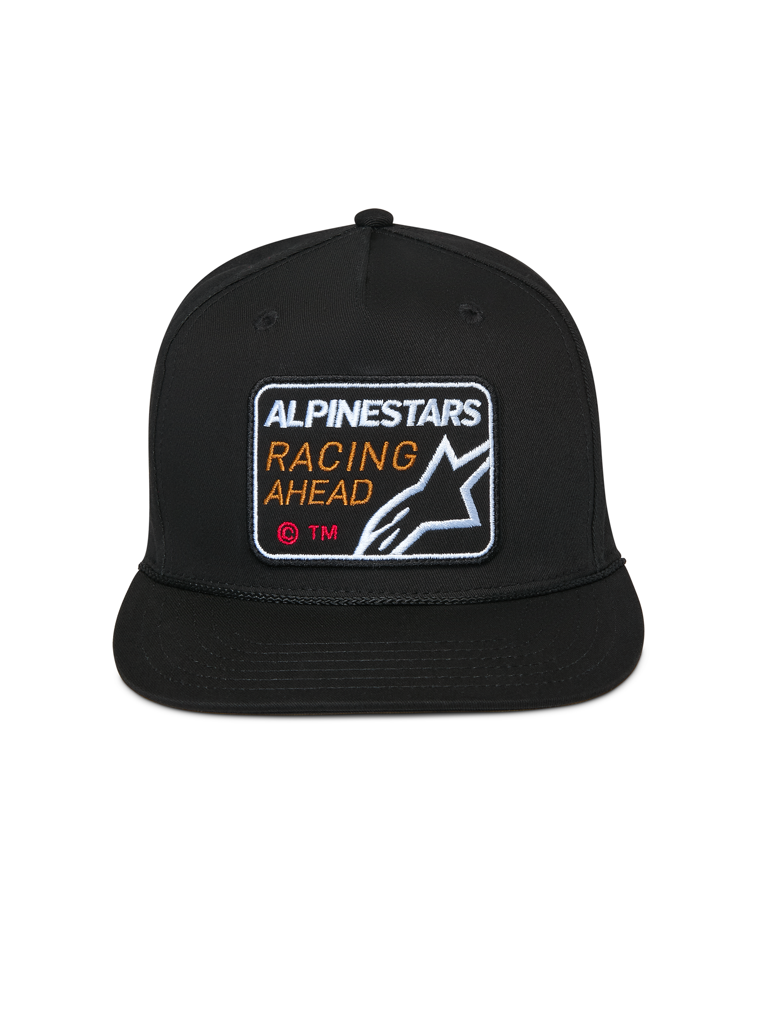 Alpinestars Intuitive Snapback kasket, sort, broderet Alpinestars Racing Ahead-mærke på fronten, flad skygge med struktureret krone, afslappet motorsport-hovedbeklædning