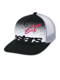 Alpinestars Component Trucker kasket, sort og hvid, flad skygge med struktureret krone, åndbar hvid mesh-bagside, forpanel med rødt Astars-logo-omrids og sort Astars ordlogo med MX-gradueringsdesign, afslappet motorsport-hovedbeklædning