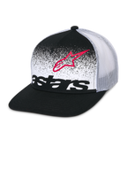 Alpinestars Component Trucker kasket, sort og hvid, flad skygge med struktureret krone, åndbar hvid mesh-bagside, forpanel med rødt Astars-logo-omrids og sort Astars ordlogo med MX-gradueringsdesign, afslappet motorsport-hovedbeklædning