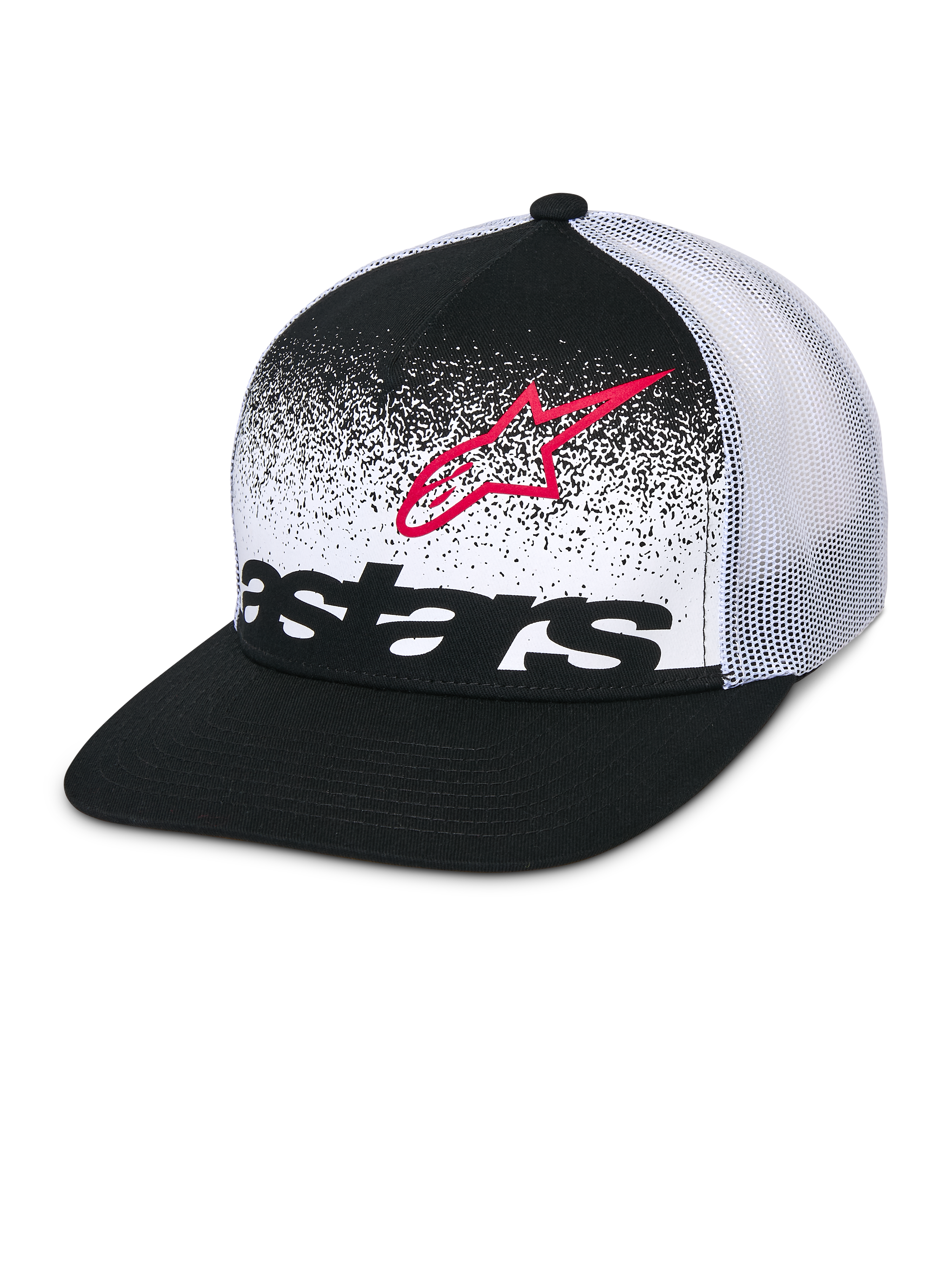 Alpinestars Component Trucker kasket, sort og hvid, flad skygge med struktureret krone, åndbar hvid mesh-bagside, forpanel med rødt Astars-logo-omrids og sort Astars ordlogo med MX-gradueringsdesign, afslappet motorsport-hovedbeklædning