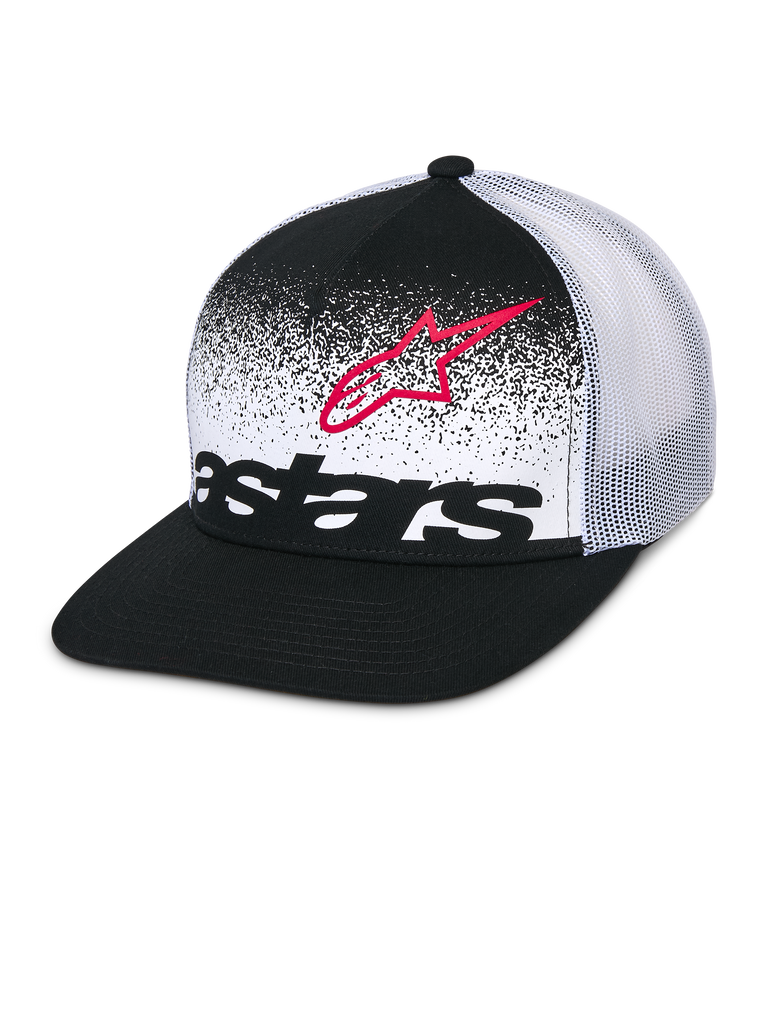 Alpinestars Component Trucker kasket, sort og hvid, flad skygge med struktureret krone, åndbar hvid mesh-bagside, forpanel med rødt Astars-logo-omrids og sort Astars ordlogo med MX-gradueringsdesign, afslappet motorsport-hovedbeklædning