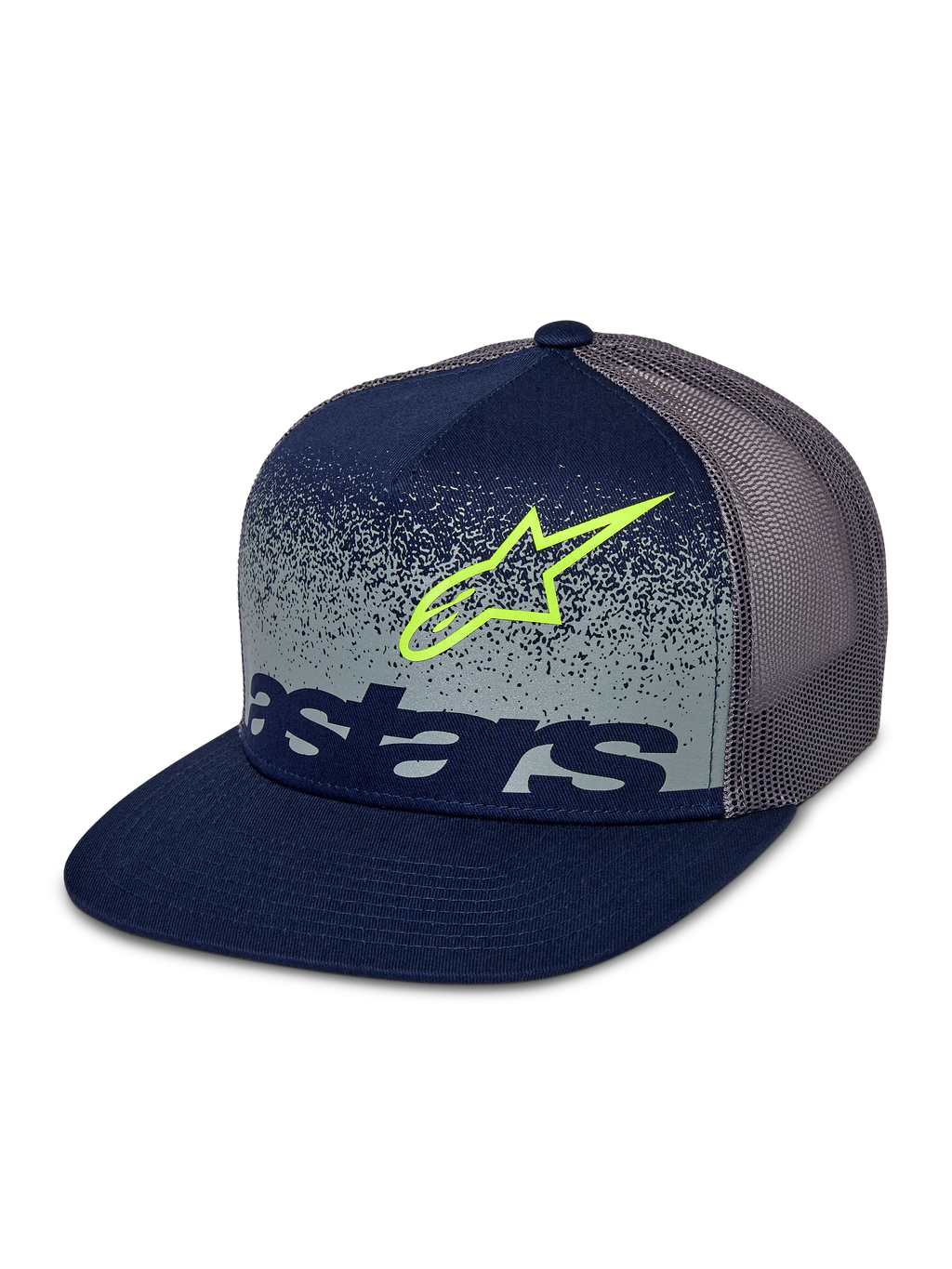 Alpinestars Component Trucker-kasket, navyblå og grå, flad skygge med struktureret krone, grå mesh-bagside, med limegrønt Astars-logo-omrids og navyblåt ordlogo over et gråt nistret frontpanel med MX-graduering