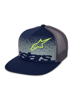 Alpinestars Component Trucker-kasket, navyblå og grå, flad skygge med struktureret krone, grå mesh-bagside, med limegrønt Astars-logo-omrids og navyblåt ordlogo over et gråt nistret frontpanel med MX-graduering