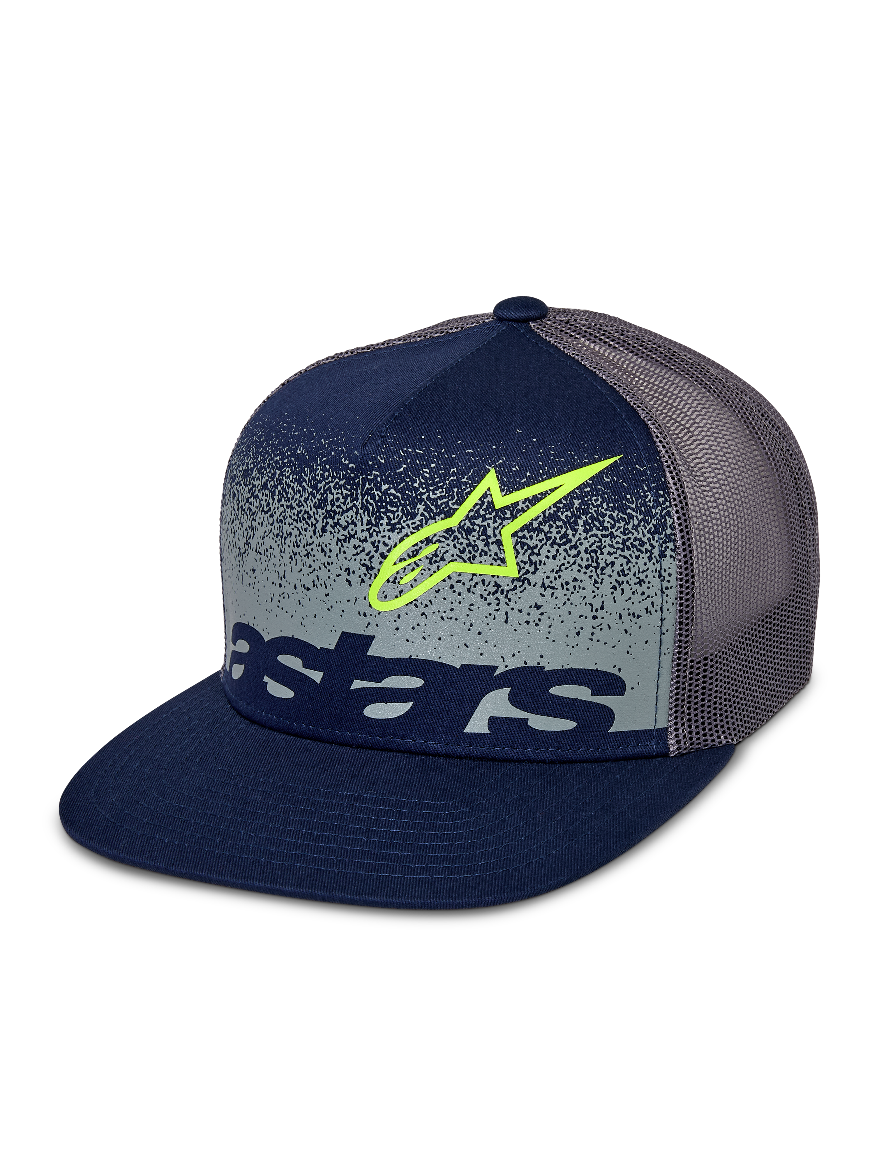 Alpinestars Component Trucker-kasket, navyblå og grå, flad skygge med struktureret krone, grå mesh-bagside, med limegrønt Astars-logo-omrids og navyblåt ordlogo over et gråt nistret frontpanel med MX-graduering