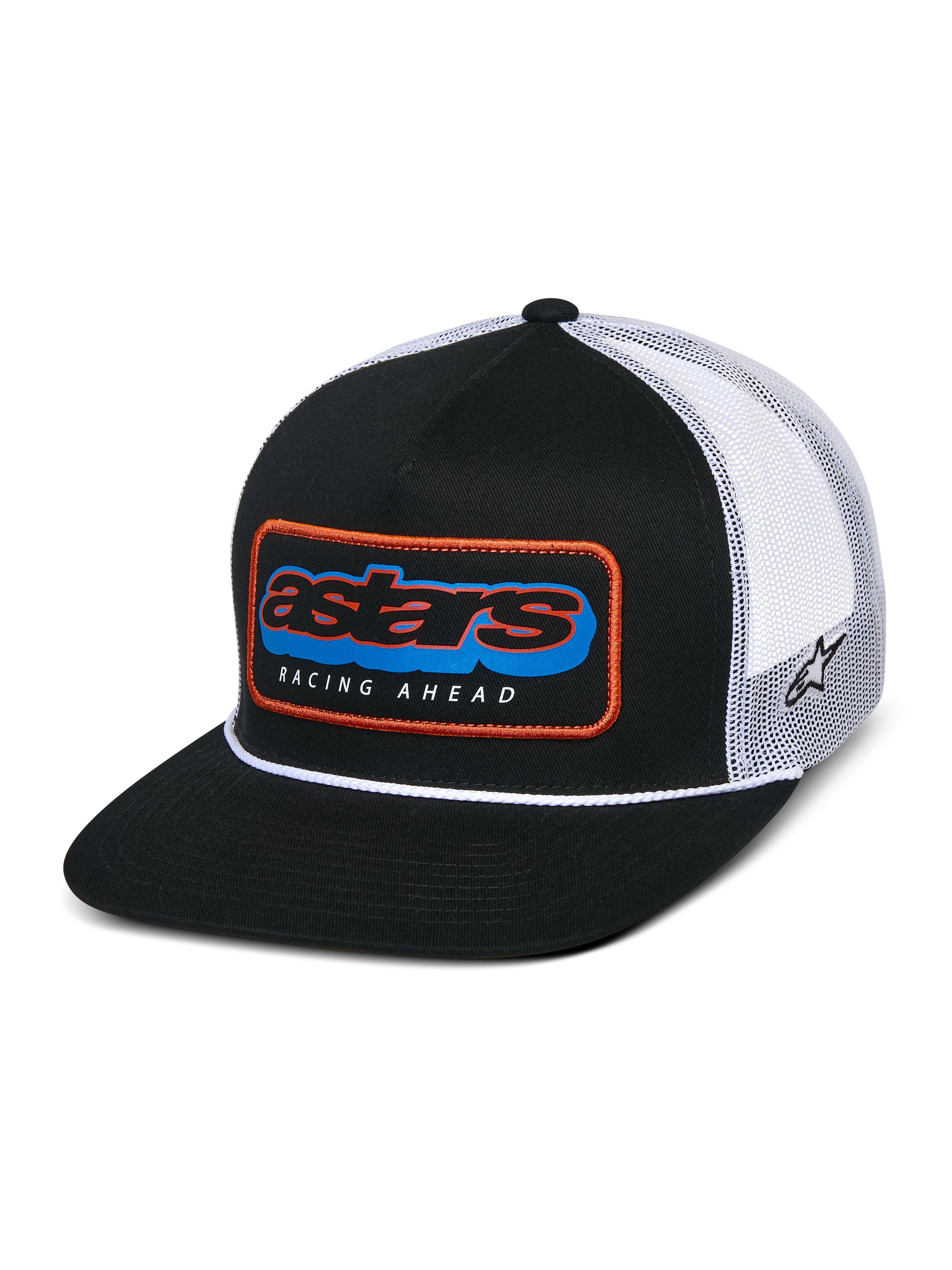 Alpinestars Phosphor Trucker Hat, sort og hvid, flad skygge med struktureret krone og hvid snoredetalje, flerfarvet Astars-mærke på fronten med orange kant og "RACING AHEAD"-tekst, åndbar hvid mesh-bagside med broderet logo på siden