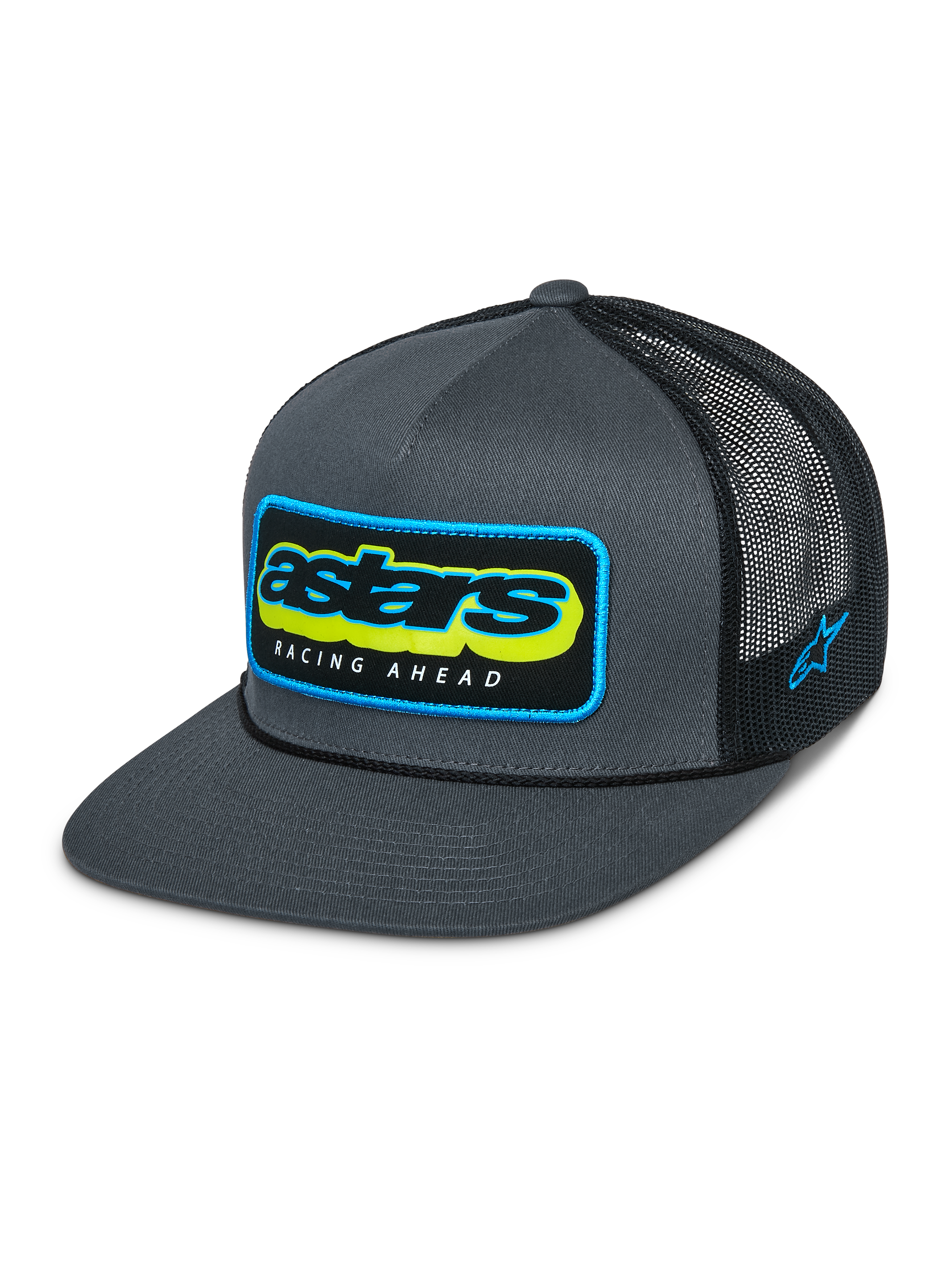 Alpinestars Phosphor Trucker Hat, Charcoal Black, Gray twill front with black mesh back, vibrant multi-color Astars logo with Racing Ahead text, flat bill, side logo embroidery, casual motorsport-inspired headwear