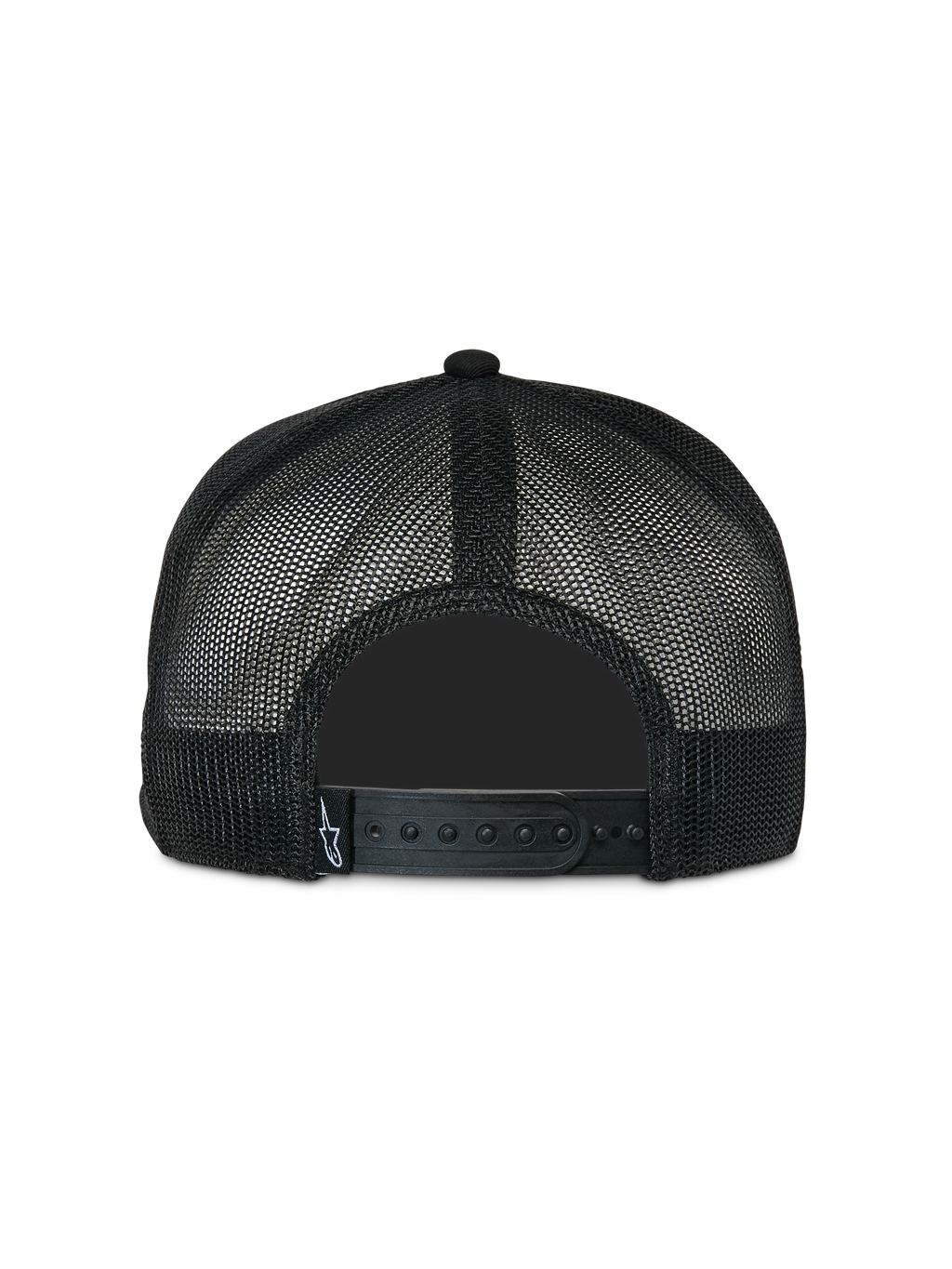 Alpinestars Contender Trucker Hat, sort, set bagfra med poly-mesh-stof og justerbar snapback-lukning, lille hvidt Astars-logomærke, afslappet motorsport-inspireret hovedbeklædning