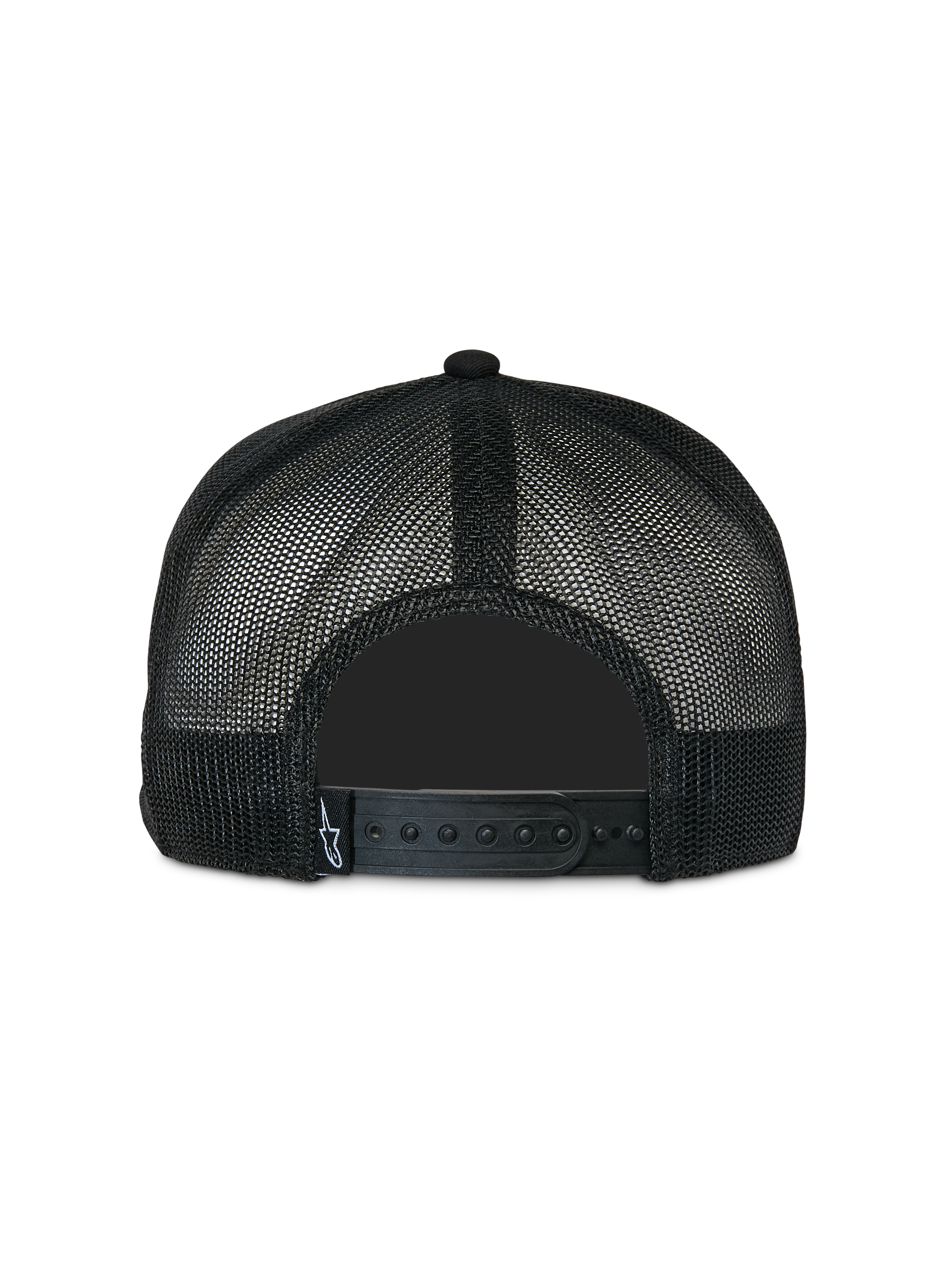 Alpinestars Contender Trucker Hat, sort, set bagfra med poly-mesh-stof og justerbar snapback-lukning, lille hvidt Astars-logomærke, afslappet motorsport-inspireret hovedbeklædning