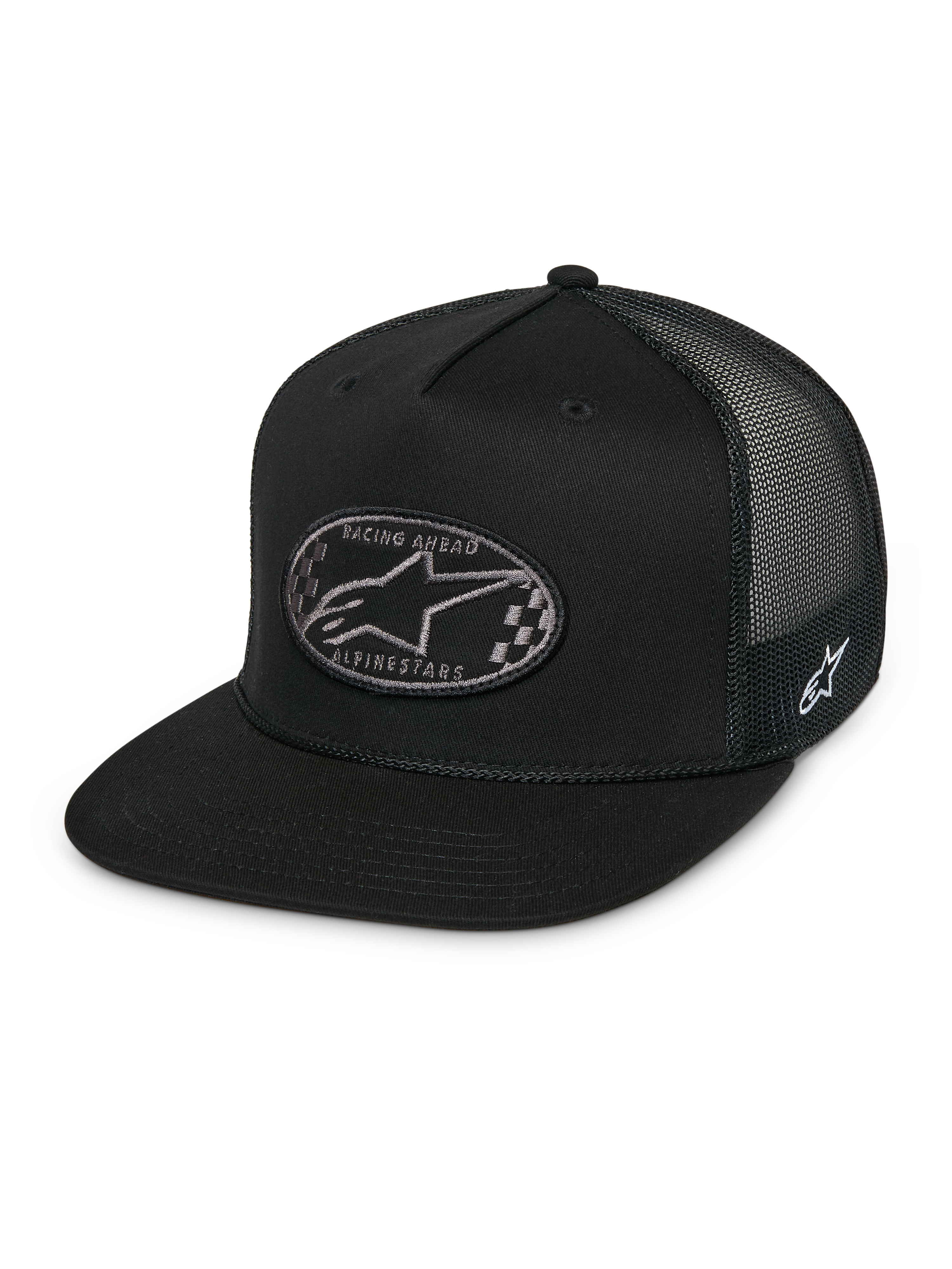 Alpinestars Contender Trucker kasket, sort snapback cap, flad skygge, ovalt mærke på fronten med ternet Astars-logo og Racing Ahead-tekst, sort mesh-bagside, broderet logo på siden, afslappet motorsport-streetwear