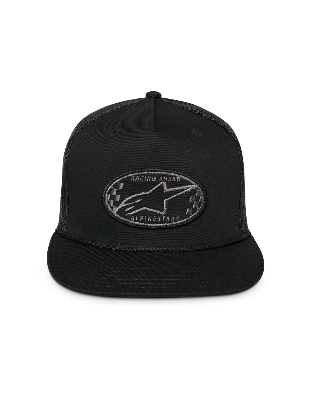 Alpinestars Contender Trucker kasket, sort, struktureret snapback med flad skygge, broderet ovalt Astars-logo med ternet mønster foran, mesh-bagside, afslappet sportswear-hovedbeklædning