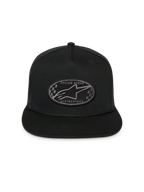 Alpinestars Contender Trucker kasket, sort, struktureret snapback med flad skygge, broderet ovalt Astars-logo med ternet mønster foran, mesh-bagside, afslappet sportswear-hovedbeklædning