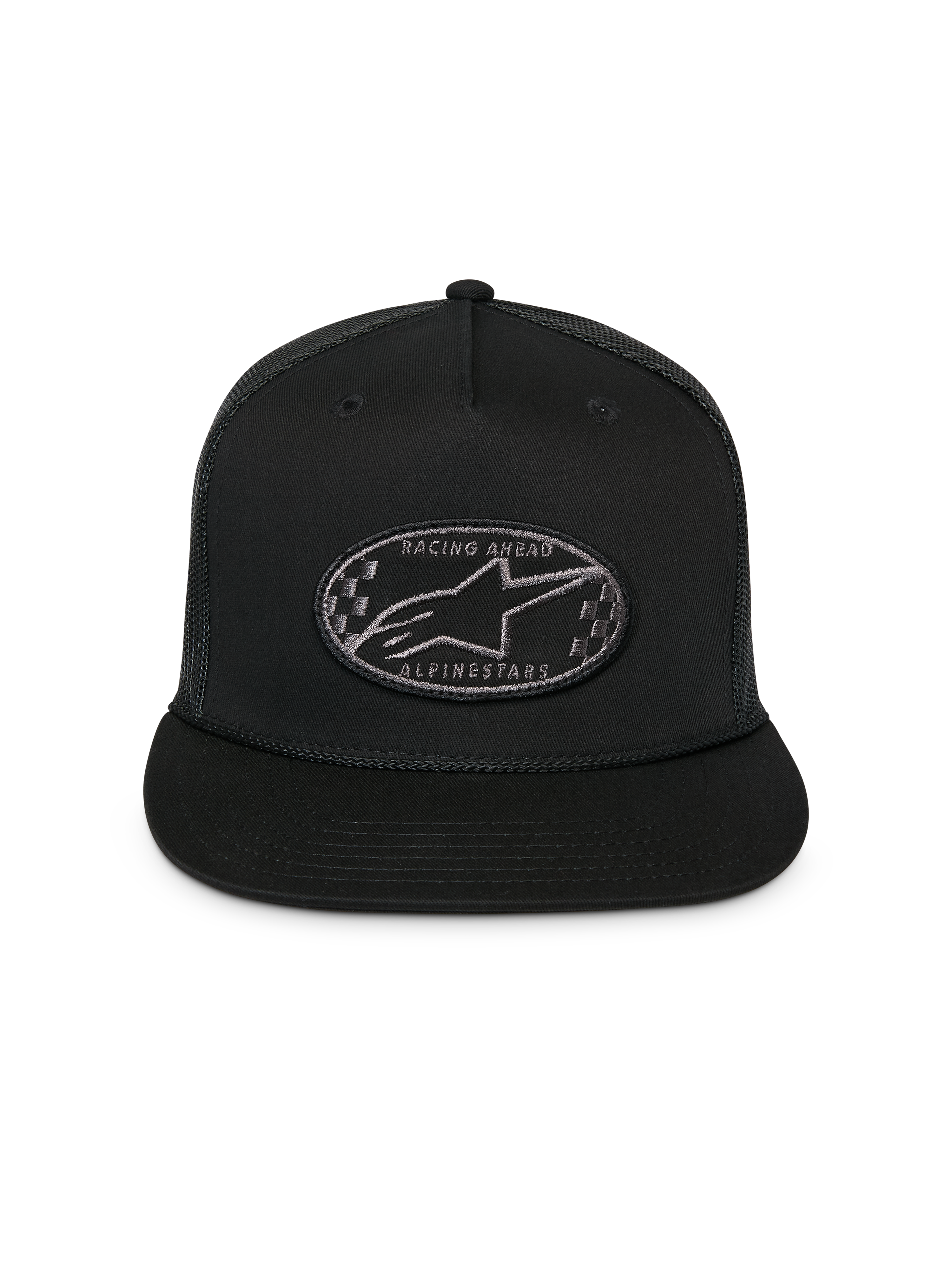 Alpinestars Contender Trucker kasket, sort, struktureret snapback med flad skygge, broderet ovalt Astars-logo med ternet mønster foran, mesh-bagside, afslappet sportswear-hovedbeklædning