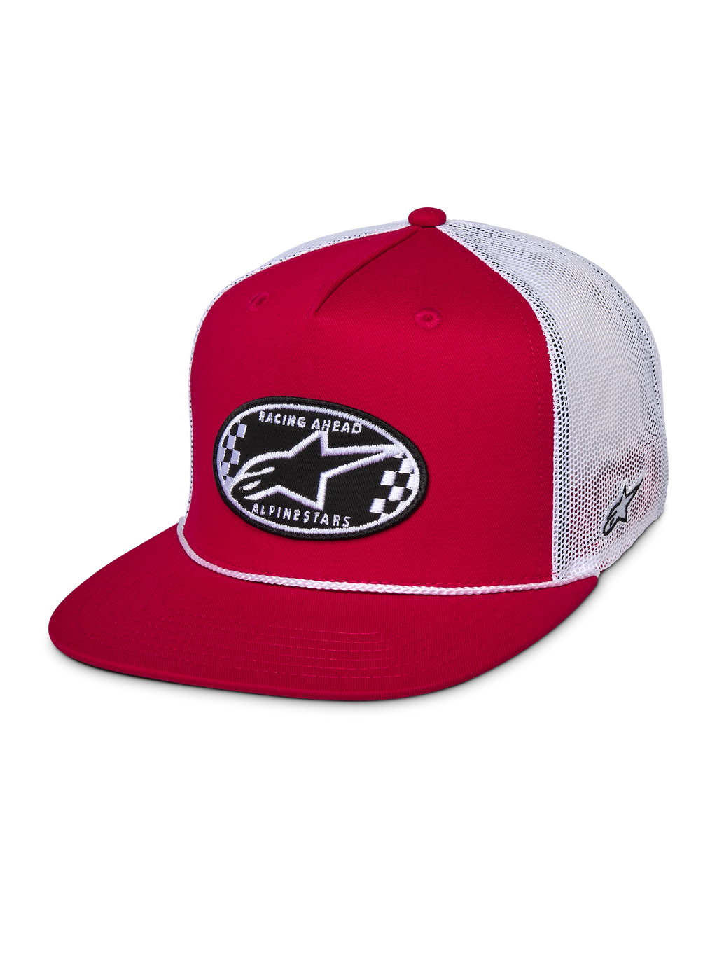 Alpinestars Contender Trucker kasket, rød og hvid, snapback med flad skygge med et ovalt broderet Astars-patch med tern på forsiden, hvidt poly-mesh bagstykke, afslappet motorsport-streetwear