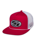 Alpinestars Contender Trucker kasket, rød og hvid, snapback med flad skygge med et ovalt broderet Astars-patch med tern på forsiden, hvidt poly-mesh bagstykke, afslappet motorsport-streetwear