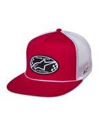 Alpinestars Contender Trucker kasket, rød og hvid, snapback med flad skygge med et ovalt broderet Astars-patch med tern på forsiden, hvidt poly-mesh bagstykke, afslappet motorsport-streetwear