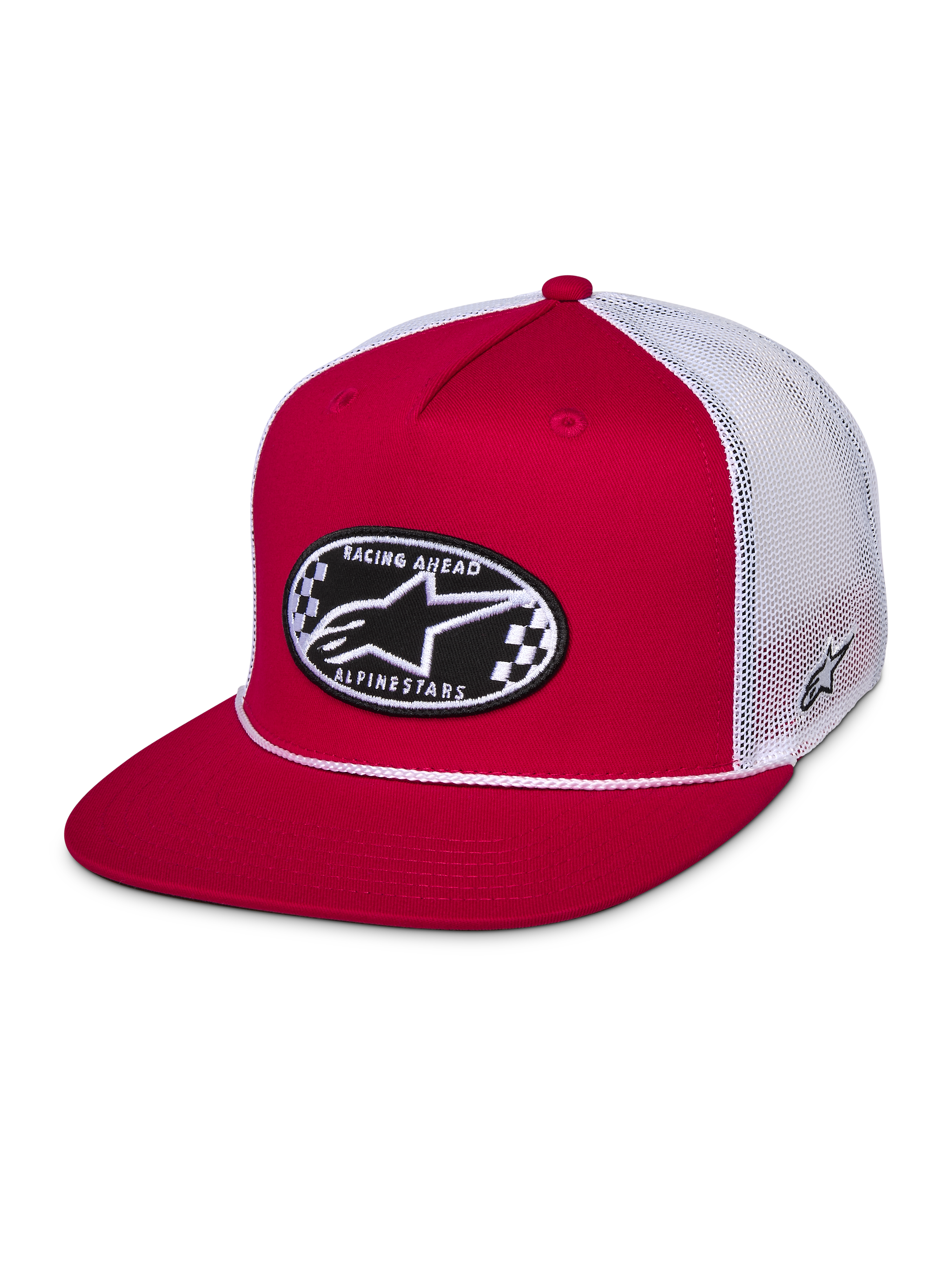 Alpinestars Contender Trucker kasket, rød og hvid, snapback med flad skygge med et ovalt broderet Astars-patch med tern på forsiden, hvidt poly-mesh bagstykke, afslappet motorsport-streetwear