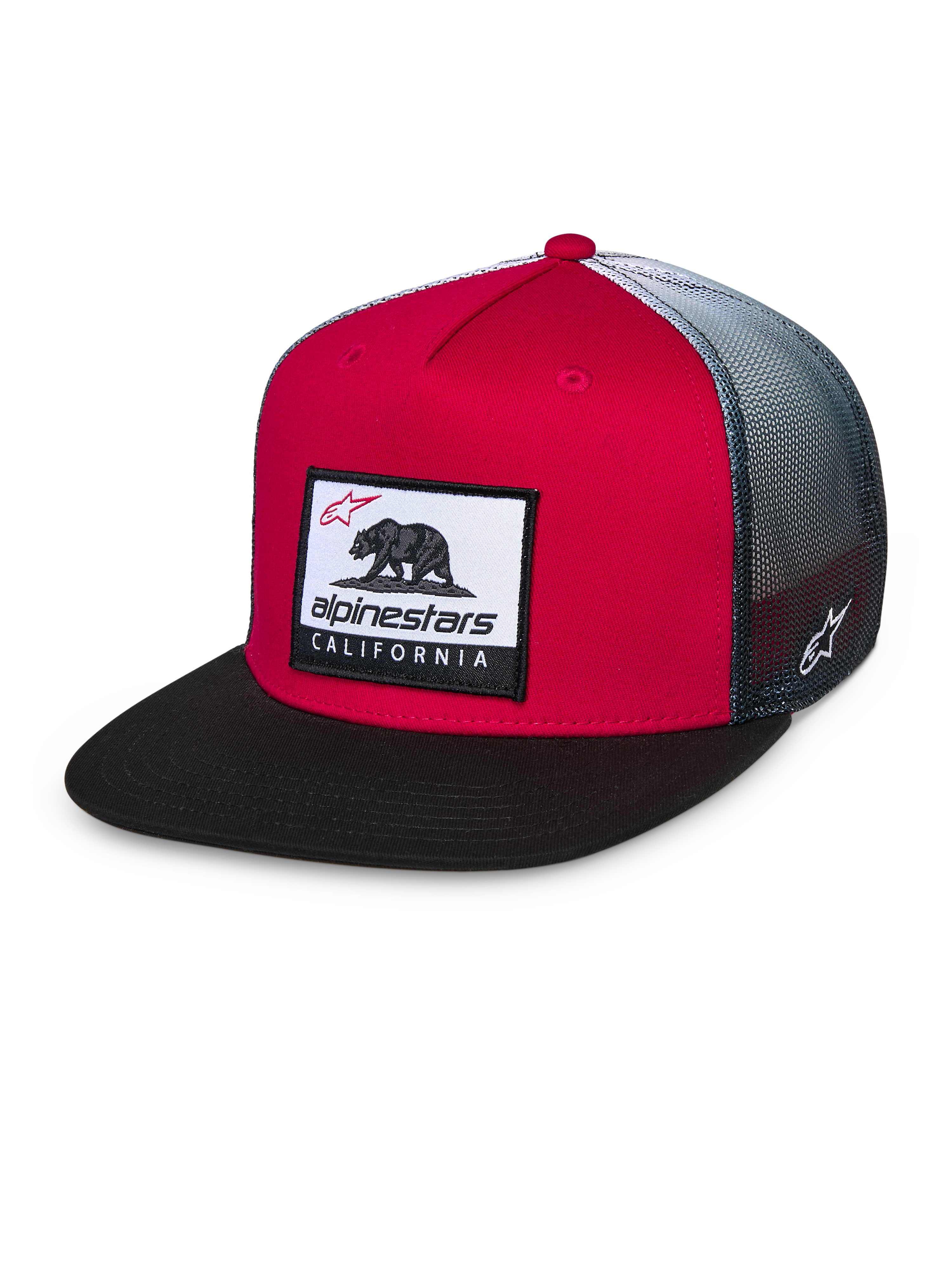 Alpinestars Cali Gradient Trucker Hat, rød, sort og hvid, struktureret rød krone med sort flad skygge, grå gradient mesh-bagside, med Cali Bear vævet patch og broderet logo på siden, casual motorsport hovedbeklædning