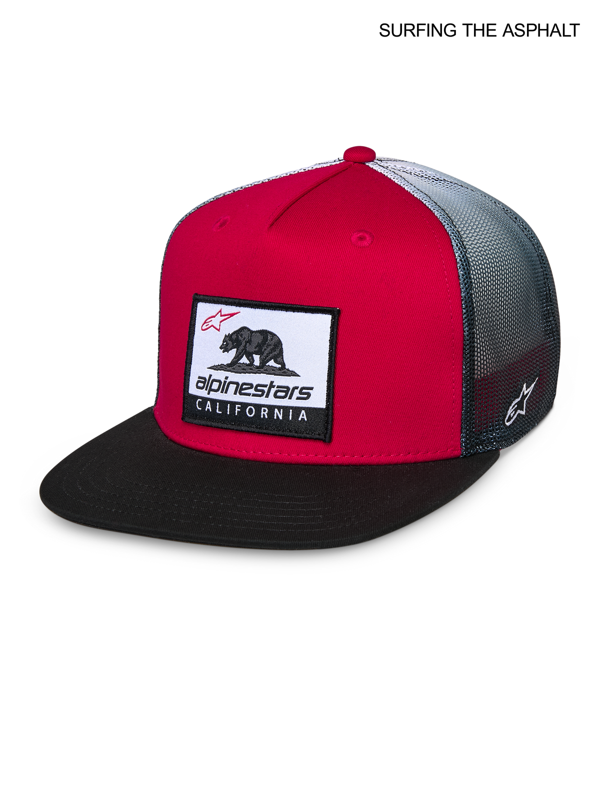 Alpinestars Cali Gradient Trucker Cap, flad skygge snapback-kasket i rød, sort og hvid, med Cali Bear-logo på forsiden og åndbar mesh-bagside