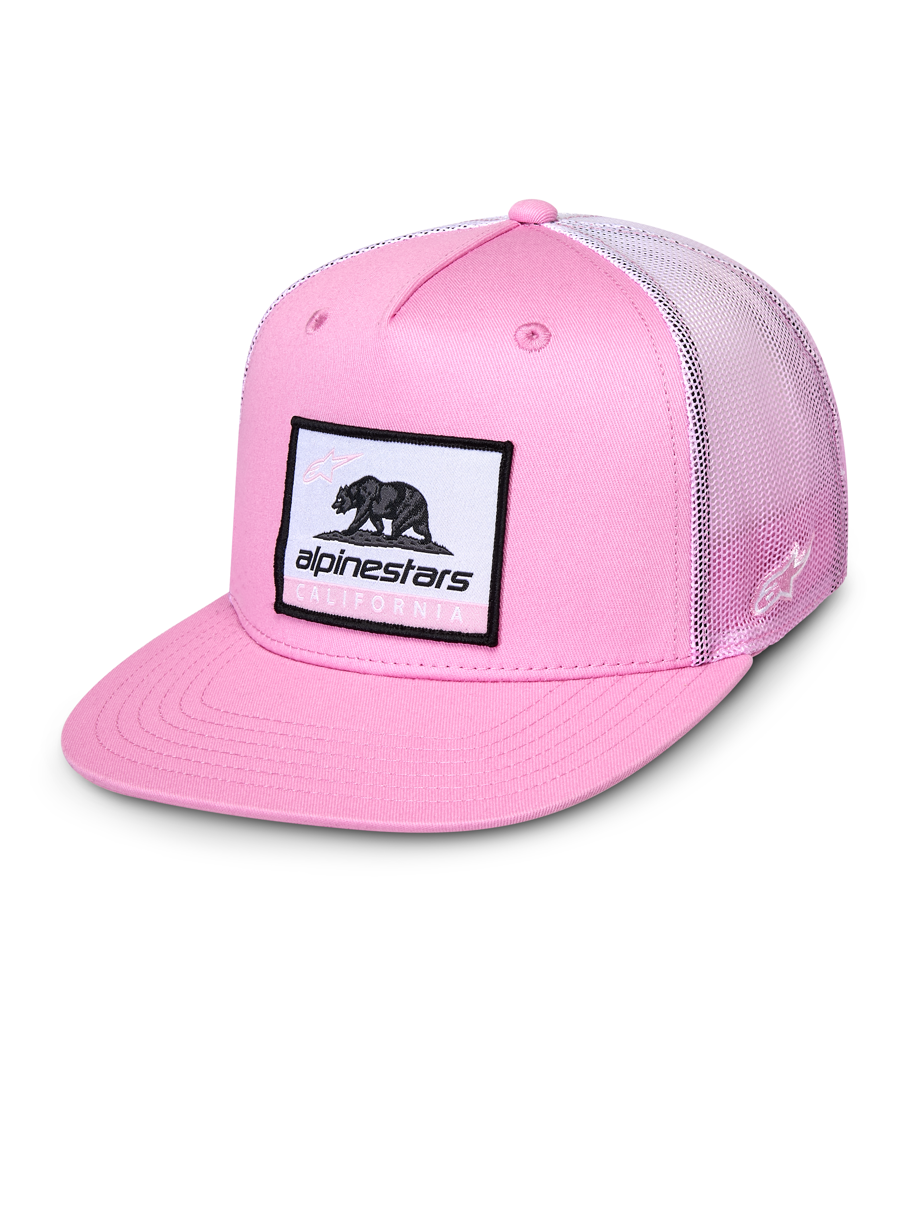Alpinestars Cali Gradient Trucker Hat, Pink and White, flat bill cap with woven Cali Bear patch, pink twill front and gradient mesh back, casual sportswear headwear