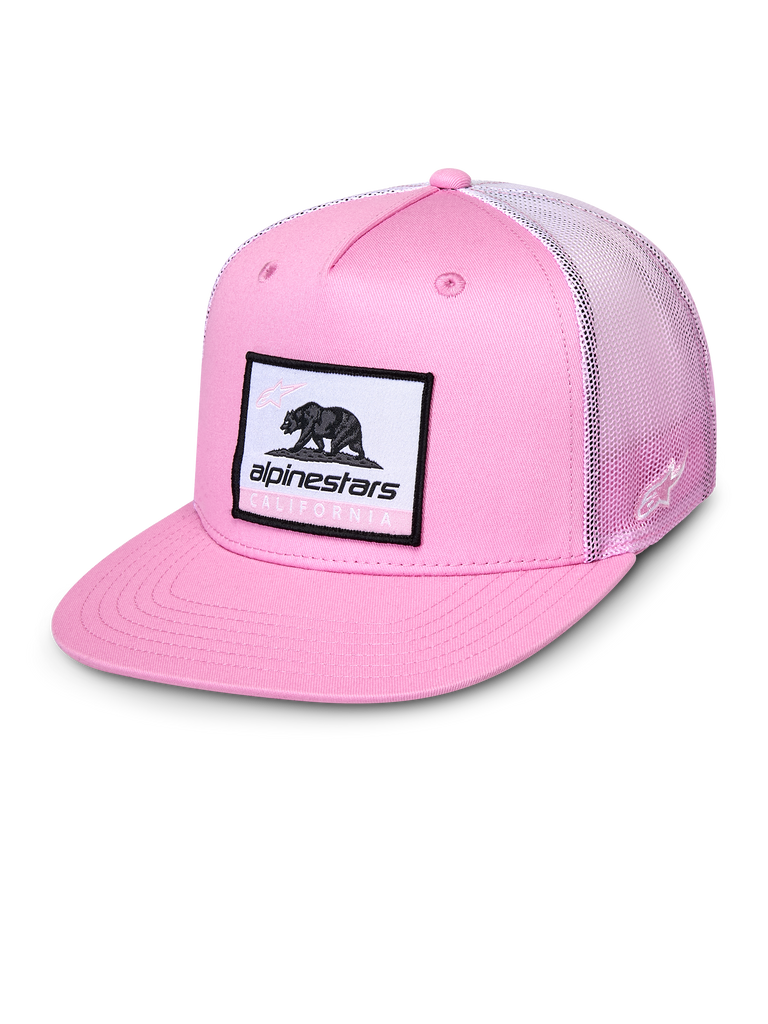 Alpinestars Cali Gradient Trucker Hat, pink og hvid, kasket med flad skygge og vævet Cali Bear-patch, lyserød twill-front og gradient mesh-bagside, afslappet sportswear-hovedbeklædning