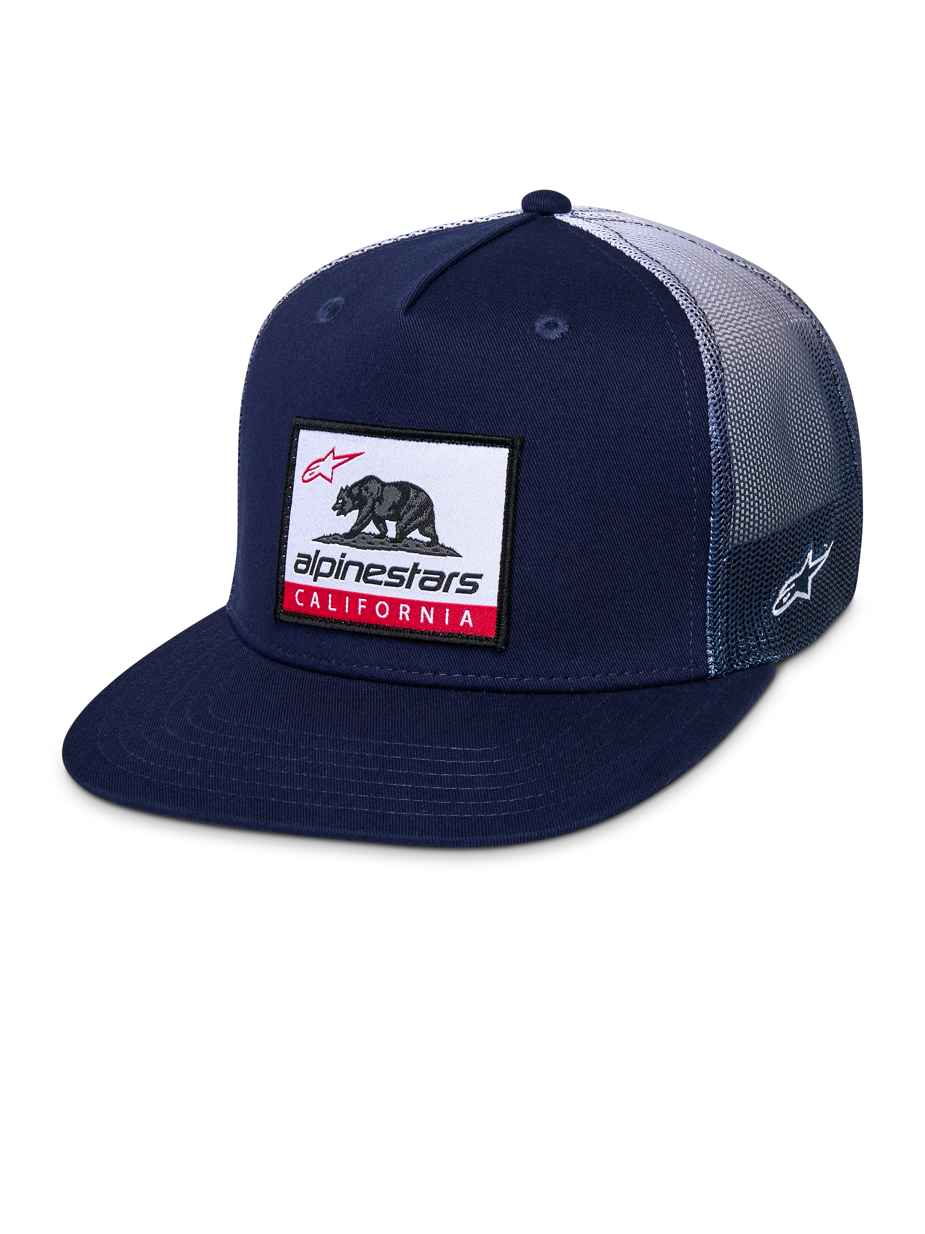 Alpinestars Cali Gradient Trucker Hat, Snapback kasket, marineblå og hvid, med flad skygge, vævet patch med California-bjørn foran, poly mesh-bagside med gradient og broderet Astars logo på siden