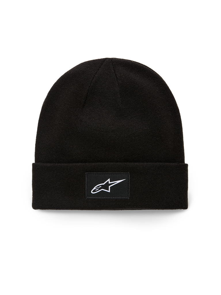 Alpinestars Augment Cuff Beanie, strikket hue i jerseysting, sort, med et vævet mærke med hvidt Astars-logo på opslaget, afslappet motorsport-streetwear