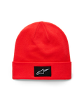 Alpinestars Augment Cuff Beanie, Bright Red strikket hue med opslag, med en sort vævet patch med et hvidt Astars-logo, casual sportswear