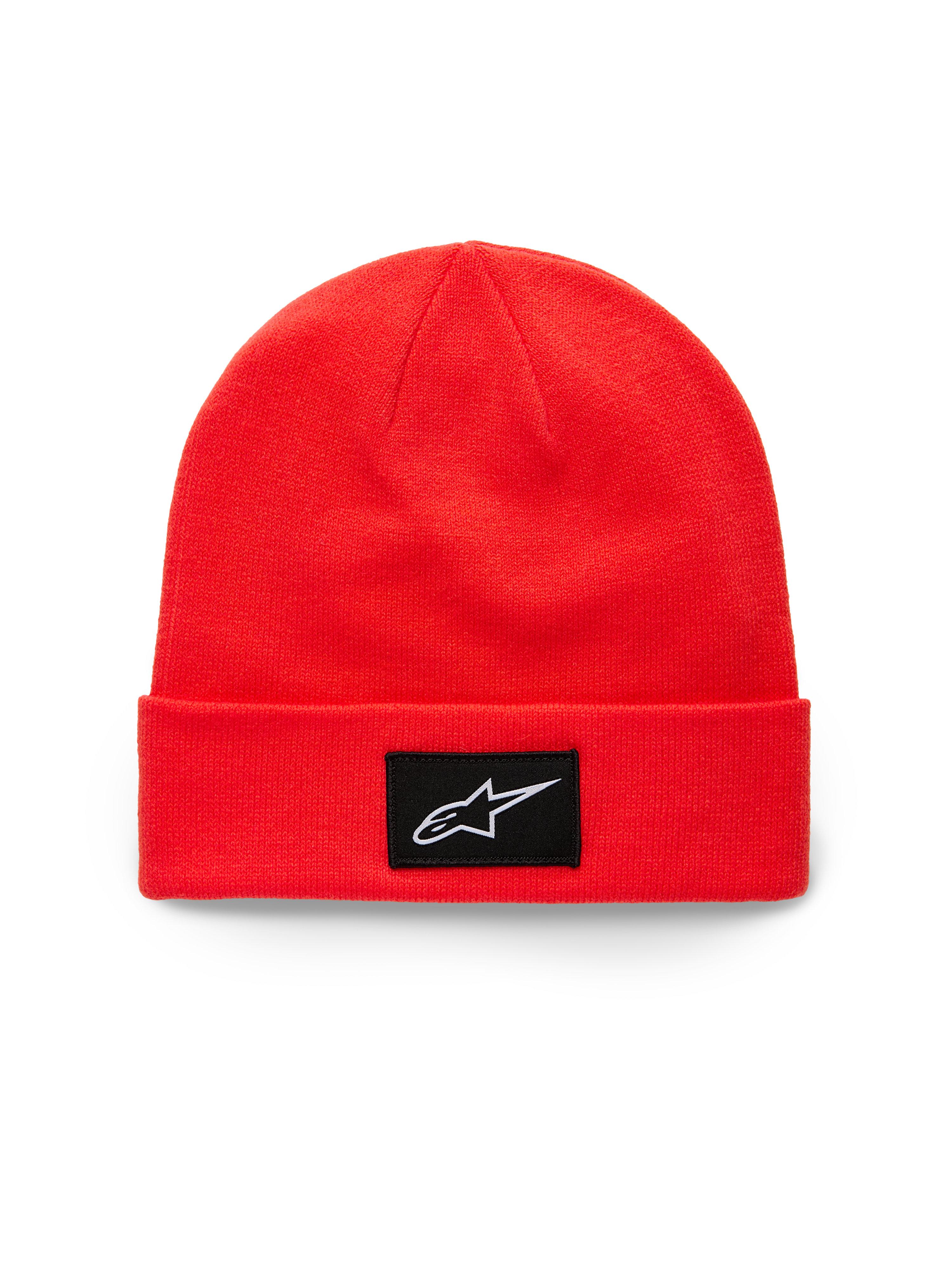 Alpinestars Augment Cuff Beanie, Bright Red strikket hue med opslag, med en sort vævet patch med et hvidt Astars-logo, casual sportswear