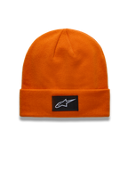 Alpinestars Augment Cuff Beanie, orange knit sportswear winter hat with a black woven Astars logo patch.