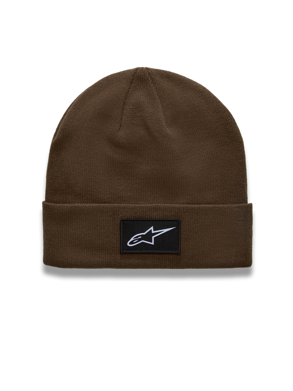Alpinestars Augment Cuff Hue, strikket beanie i brun med vævet Astars logopatch, afslappet motorsport-streetwear.