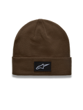 Alpinestars Augment Cuff Hue, strikket beanie i brun med vævet Astars logopatch, afslappet motorsport-streetwear.