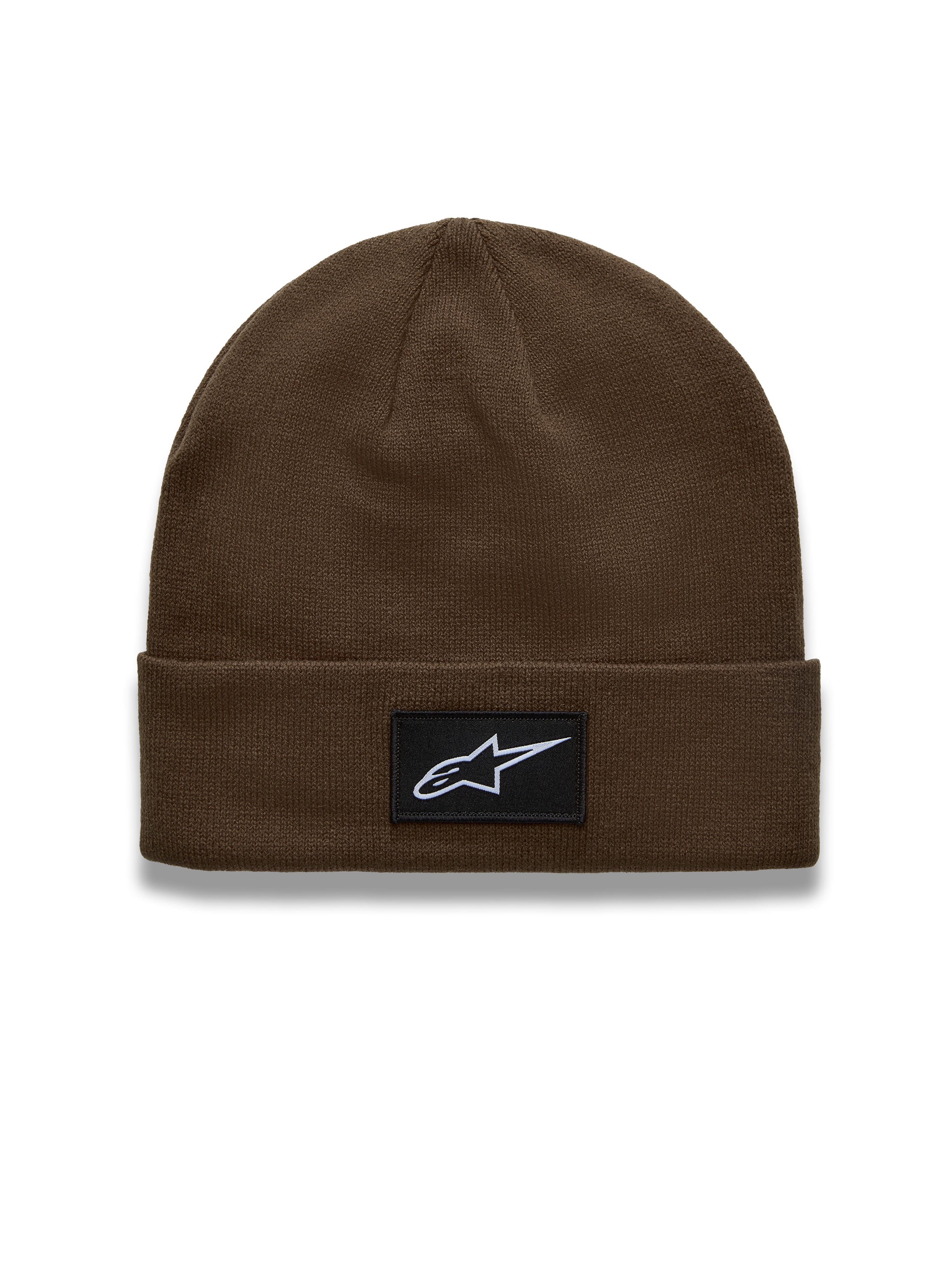 Alpinestars Augment Cuff Hue, strikket beanie i brun med vævet Astars logopatch, afslappet motorsport-streetwear.