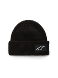 Alpinestars Unload Rib Cuff Beanie, strikket hue, sort, med ribbet opslag og et hvidt vævet Astars-logo-patch, lav pasform, afslappet sportstøj
