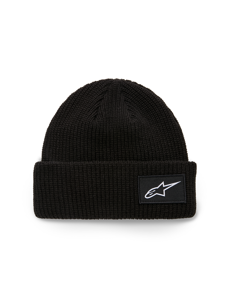 Alpinestars Unload Rib Cuff Beanie, strikket hue, sort, med ribbet opslag og et hvidt vævet Astars-logo-patch, lav pasform, afslappet sportstøj